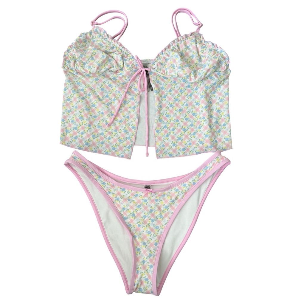 Victoria's Secret PINK x Frankies Bikinis Gingham Floral Swimsuit Set Medium NEW